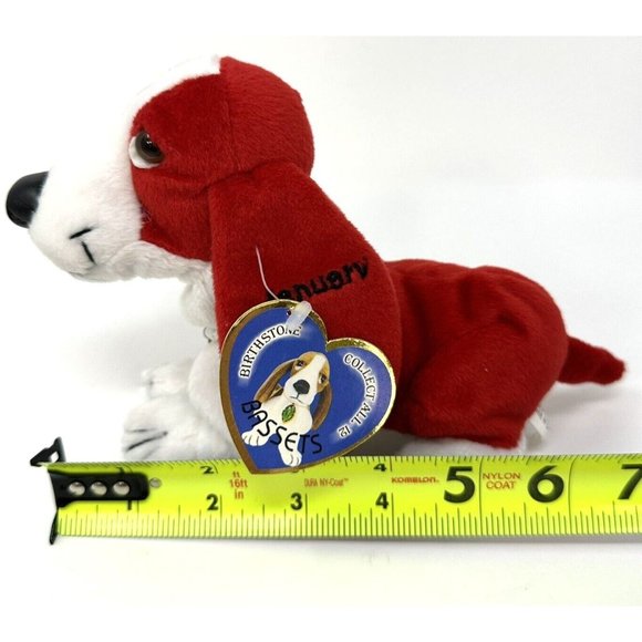 Birthstone Bassets January Red Plush Dog Pearl Necklace Red Stone Stuffed Animal - Picture 8 of 12